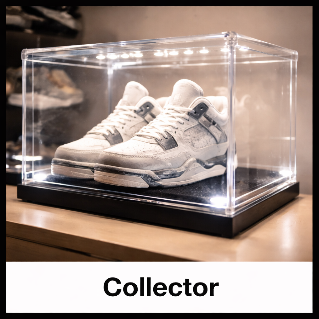 Collector sneakers displayed in a clear presentation box, featuring premium trainers curated by Kwik Creps